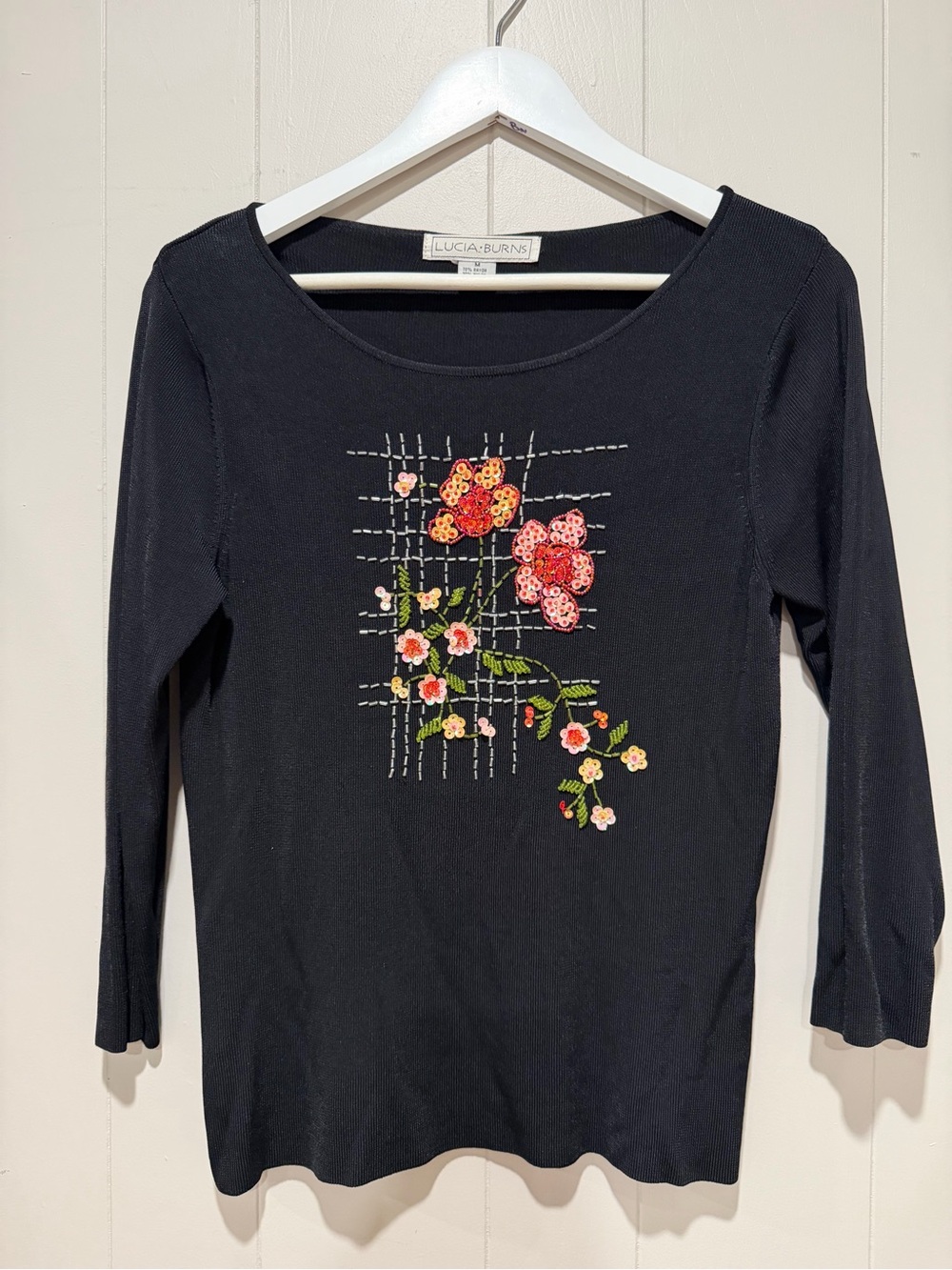 Lucia Burns Black Embroidered Floral Scoop Neck Top